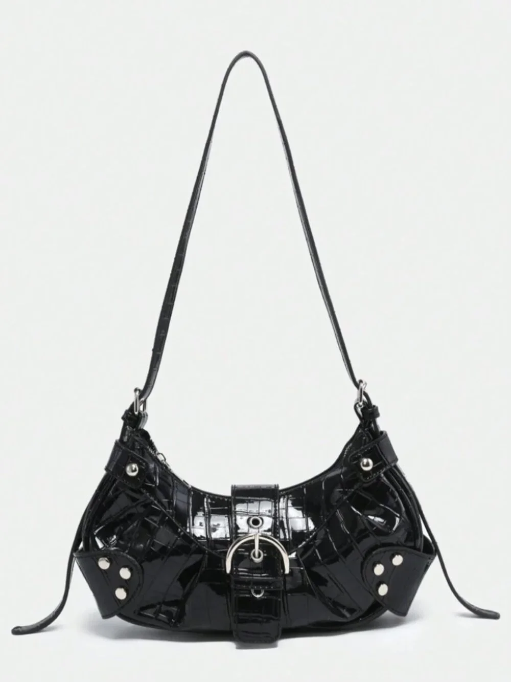 Black Studded Baguette Bag Y2K Punk Vegan Leather Zip Shoulder Purse